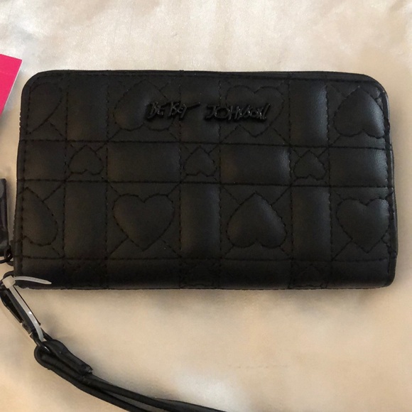 Betsey Johnson Black Faux Leather ZA Wallet Quilted Heart & Geometric Design NWT - Picture 6 of 16